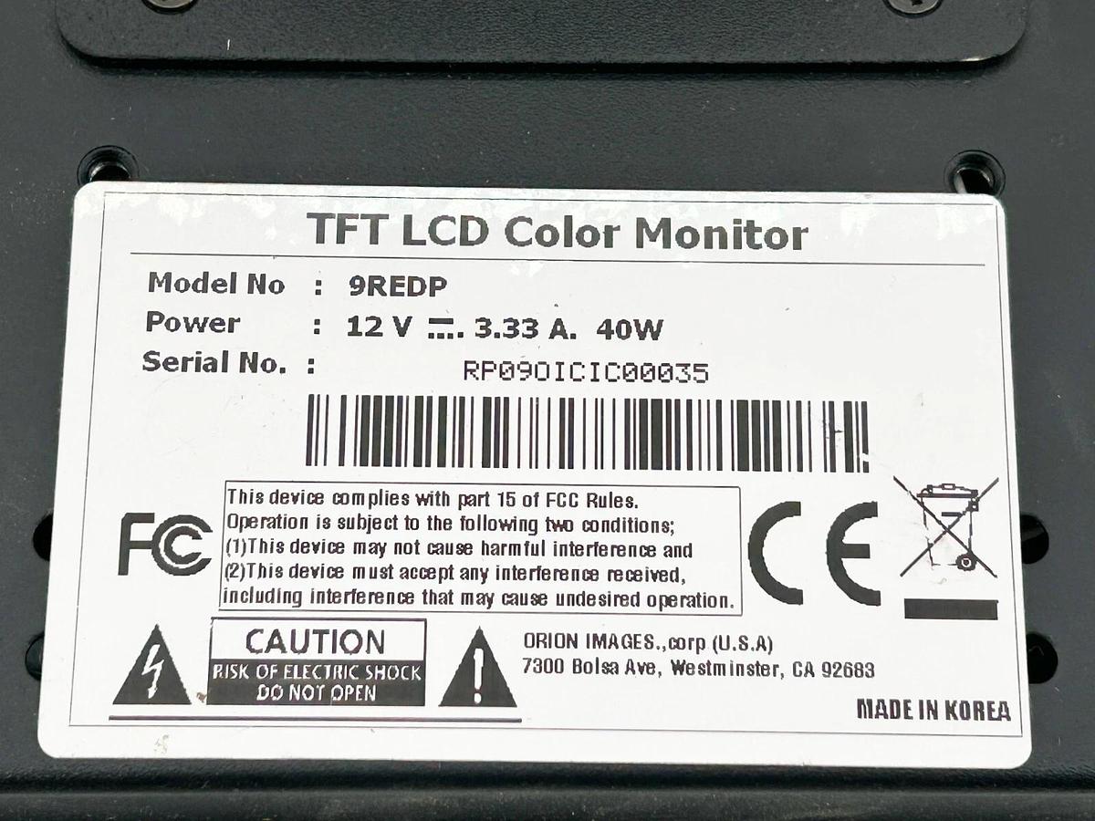 Used Orion 9REDP 9.7" TFT LCD Color Monitor" 12V 40W 3.33A