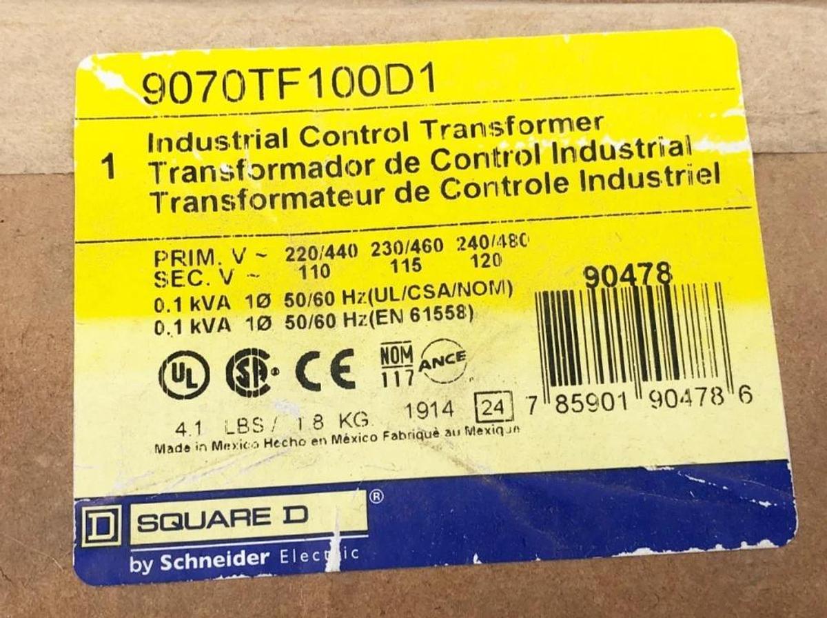 New Square D 9070TF100D1 Control Transformer 0.1kVA Prim 240/480 Sec 120 Sealed