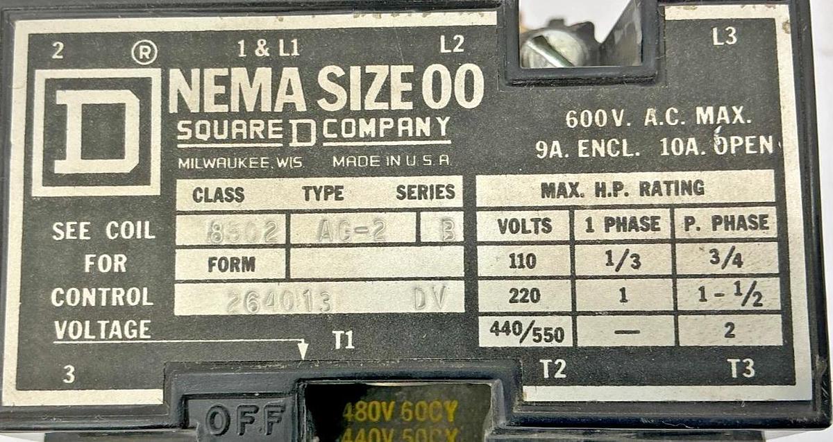 Used Square D 8502AG-2 Ser B Magnetic Contactor Nema Size 00 10A 600V