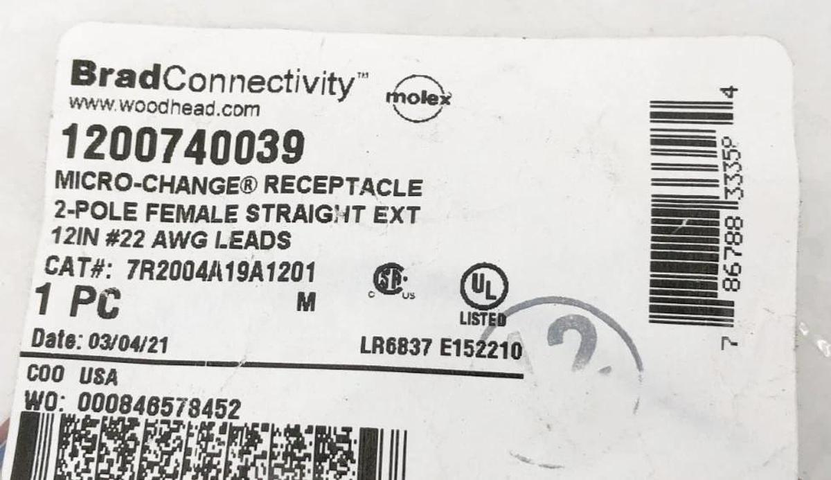 New Brad Connectivity 1200740039 Receptacle 2P FR 12IN. 22/1 SS 7R2004A19A1201