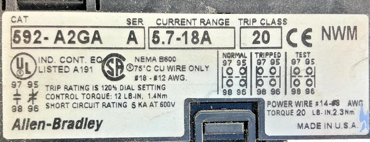 Used Allen Bradley 509-BOD-A2GA Starter 5.7-18A w/ 595-A Aux Contact 115-120V 60HZ