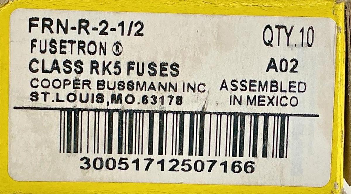 New Bussmann FRN-R-2-1/2 Fusetron Class RK5 Fuse 2-1/2A 250V Box of 10