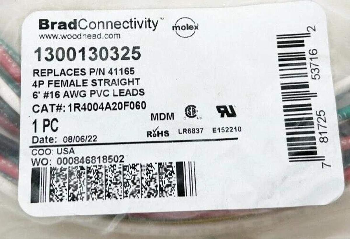 New Brad Connectivity 1300130325 Female Straight Cordset 4 Pin 500V 10A 6' 1R400