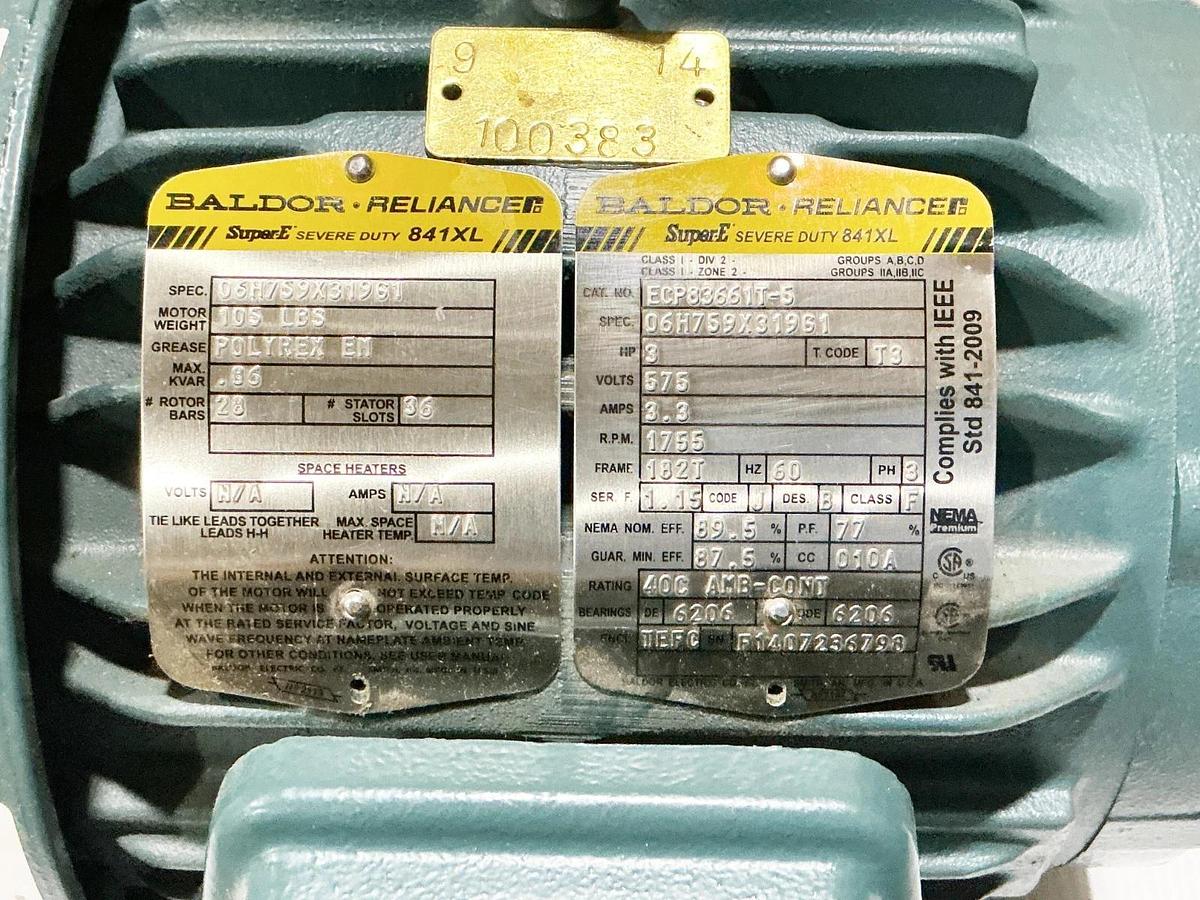 Used Baldor ECP83661T-5 Electric Motor 3HP 575V 3Ph 3.3A 1755RPM 06H759X31961
