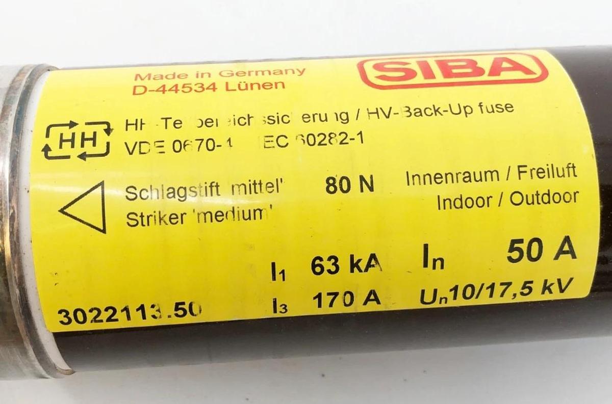 New SIBA 3022113.50 Fuse-Link HHD 50A 10/17,5kV DIN 43625 e=292mm 80 N Back-Up