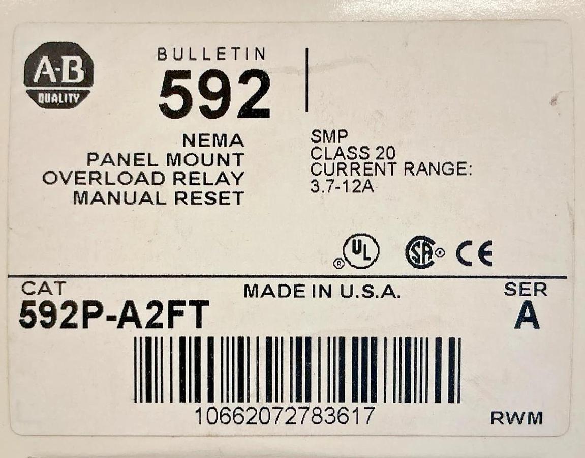 New Allen Bradley 592P-A2FT Ser A Panel Mount Overload Relay Class 20 3.7-12A