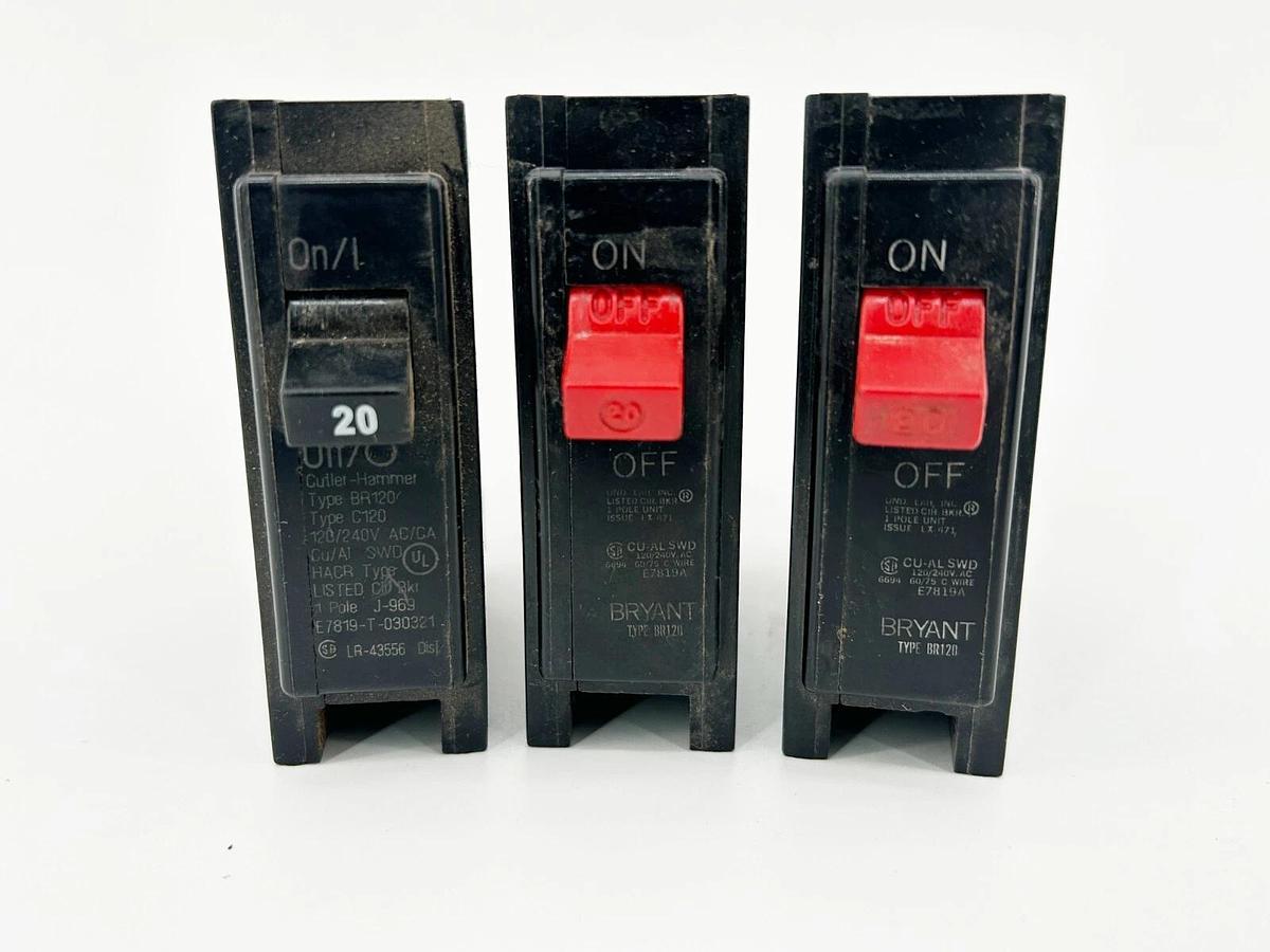 New Lot of 3 Bryant BR120 Circuit Breaker 20A 1 Pole 240V