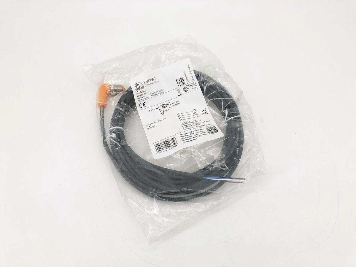 New IFM Efector EVC080 Cordset M12 Connector 4A 250AC/300DC 5m Length