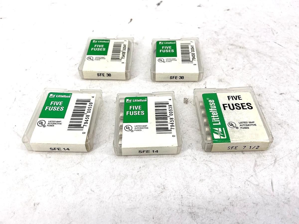 Lot of 24 New Assorted Littelfuse SFE Glass Fuses SFE-7-1/2, SFE-14 & SFE-30