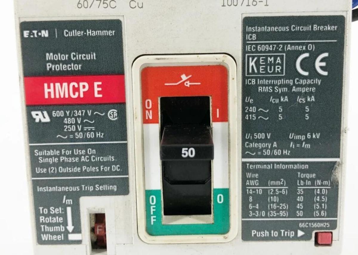 New Eaton Cutler Hammer HMCPE050K2C Motor Breaker AUX1A1BPK 3P 50A 600V - No Box