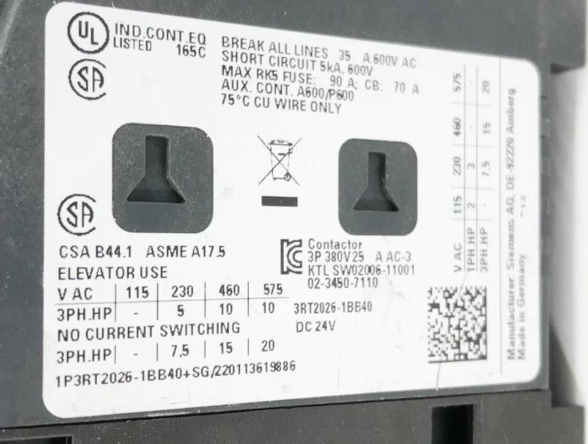 New Siemens 3RT2026-1BB40 Power Contactor 25A 400VAC 24VDC Coil - No Box
