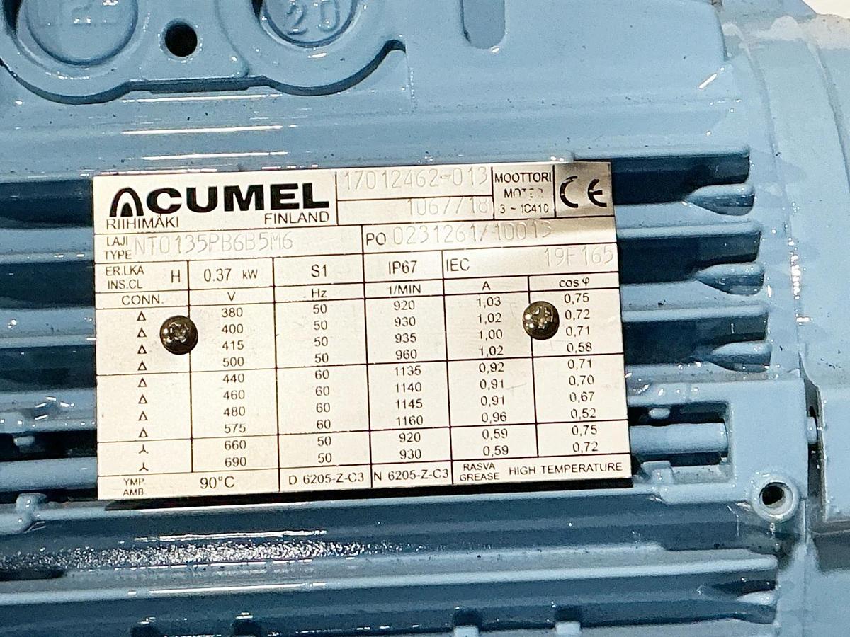 Used Cumel NT0135PB6B5M6 Electric Motor 690V 1160RPM 0.37KW 19F165