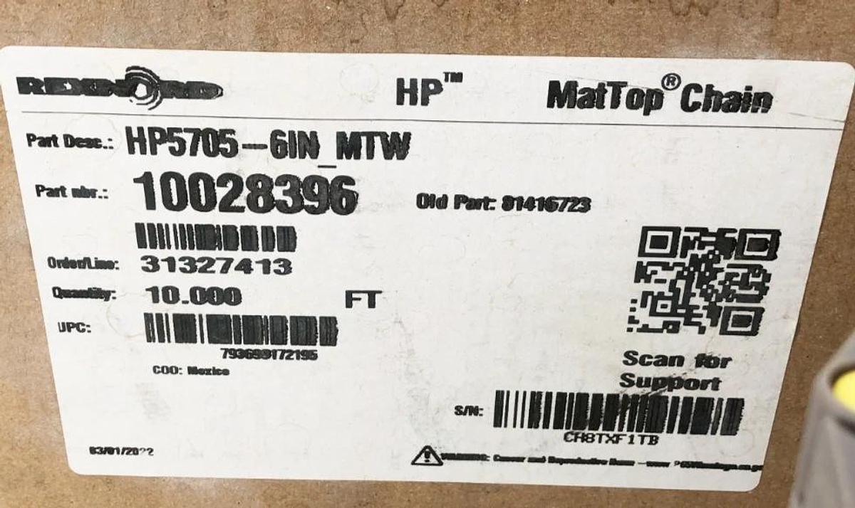 New Rexnord HP5705-6IN MTW MatTop Chain 10 FT. 10028396 81416723