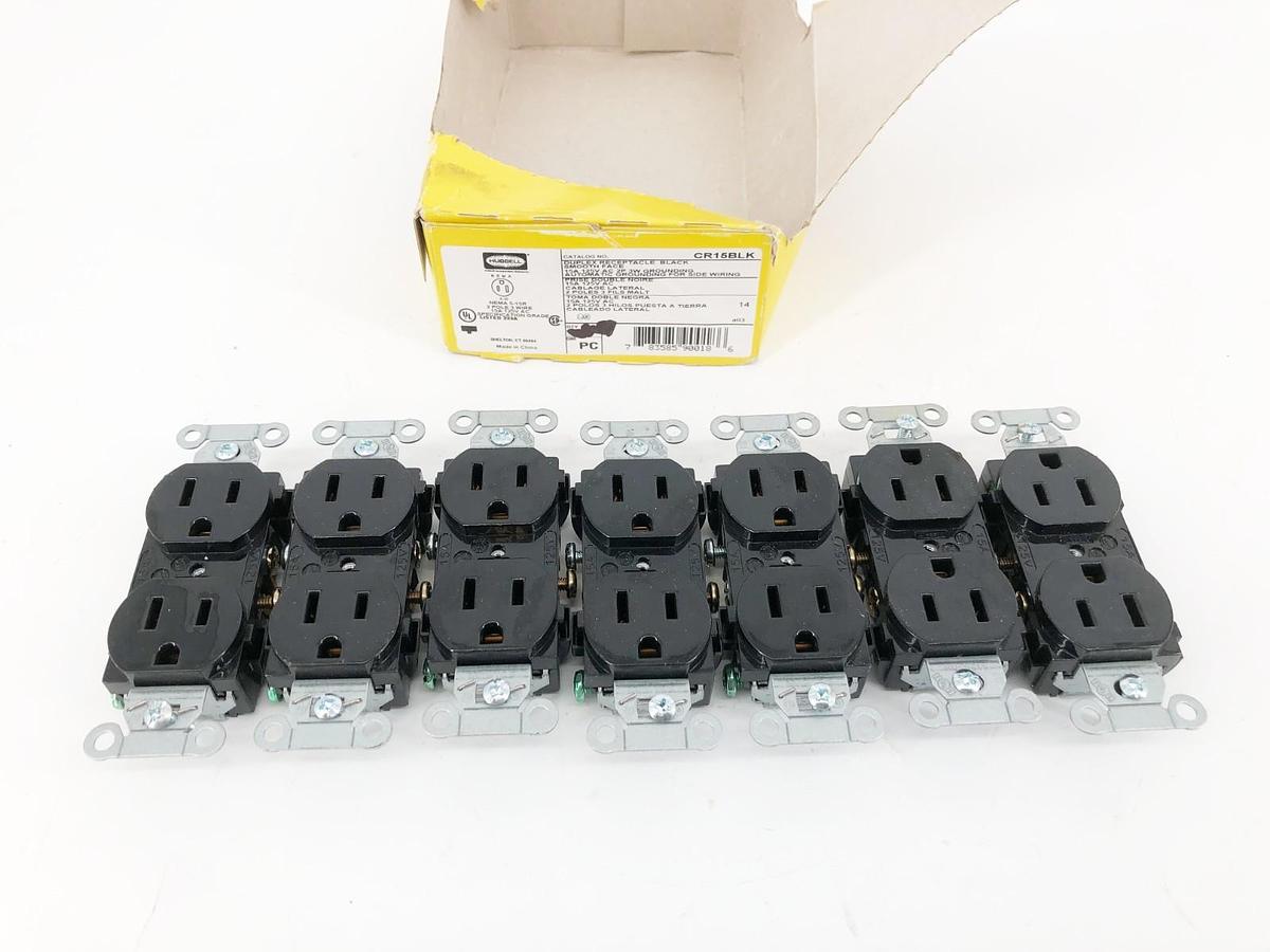 Box of 7 New Hubbell CR15BLK Duplex Receptacles 15A 125VAC 2P 2LBR8