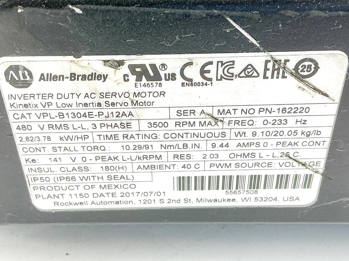 New Allen Bradley VPL-B1304E-PJ12AA Servo Motor 480V 3PH 3500RPM Ser.A - No Box