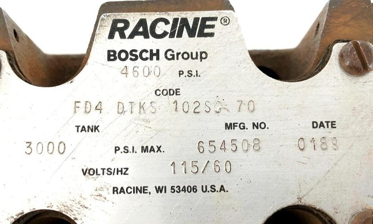 Used Racine FD4-DTKS-102S-70 Solenoid Valve 3000psi 115V/60Hz