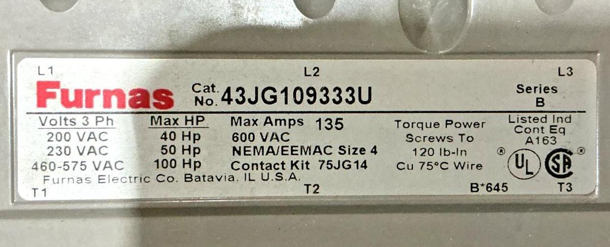 Used Furnas 43JG109333U Ser B Reversing Contactor 3PH 135A 600VAC Coil 145/185V 73HZ