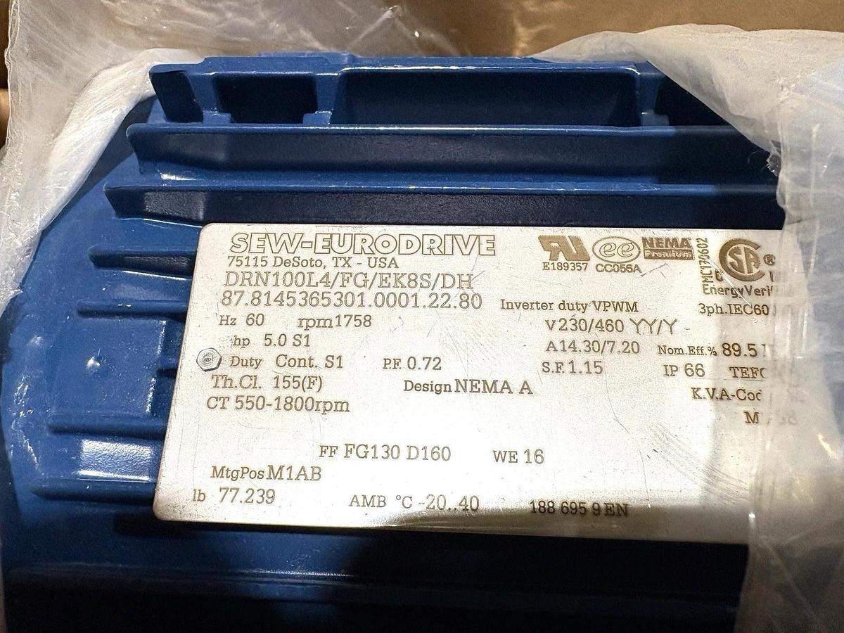 New SEW Eurodrive DRN100L4/FG/EK8S/DH 5HP Inverter Duty Motor 230/460V 1758RPM