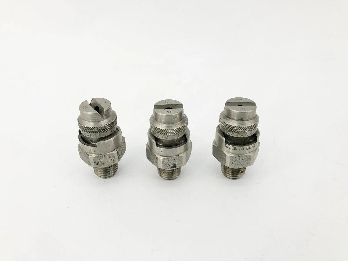 Lot of 3 New S.S. Co. 4438884 Spray Nozzles 1/4" 65 Deg. 40psi 1/4 QJJ-SS QU-SS