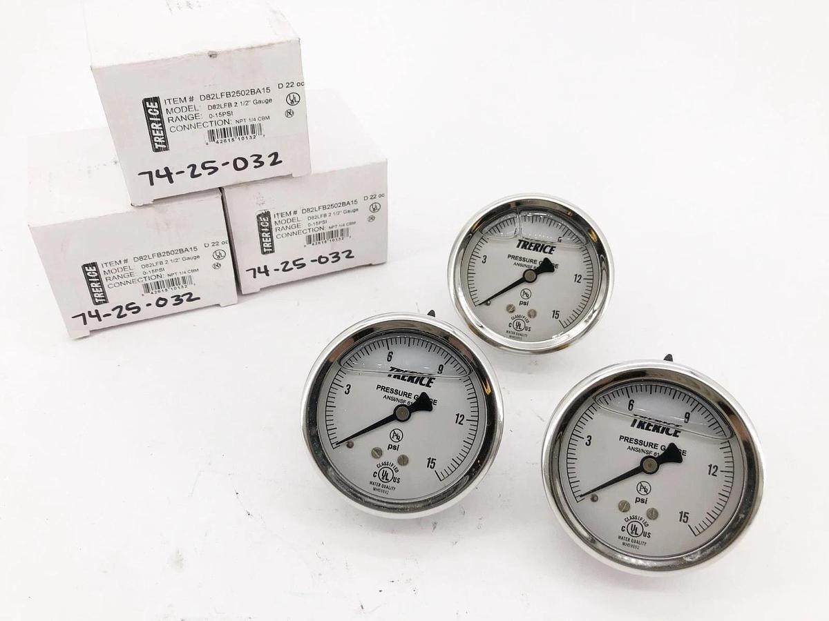 Lot of 3 New Trerice D82LFB2502BA15 Gauges D82LFB 2-1/2" 0-15psi 1/4" NPT CBM