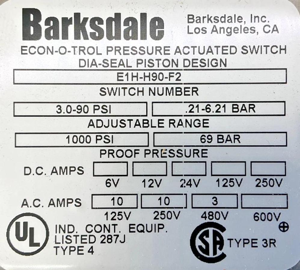 New Barksdale E1H-H90-F2 Pressure Switch 1000PSI .207-6.21 BAR 69.0 BAR 10A 600V