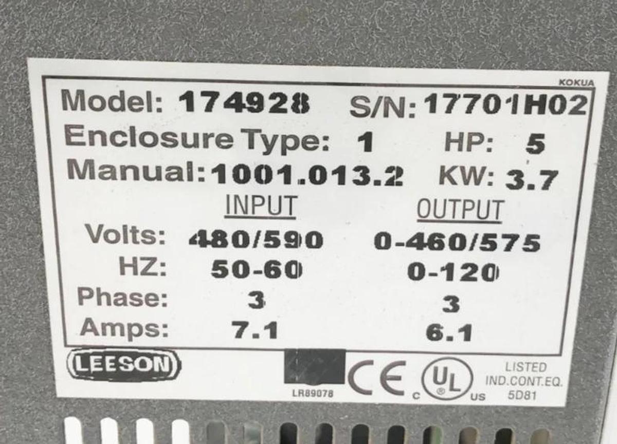 Used Leeson 174928 Adjustable Speed AC Motor Control 5HP 480/590V Input (Parts Only)
