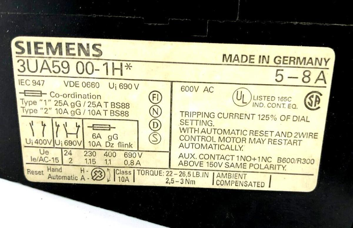 Used Siemens 3UA59 00-1H Overload Relay, 5-8 A