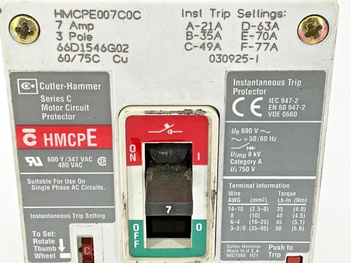 Used Cutler-Hammer HMCPE007C0C Ser C Motor Circuit Protector / Breaker 3P 7A 480VAC