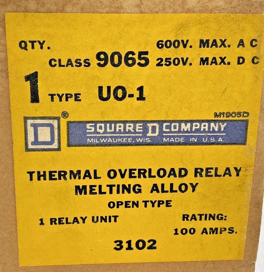 New Square D 9065-UO-1 Thermal Overload Relay Melting Alloy Open Type 100A 600V