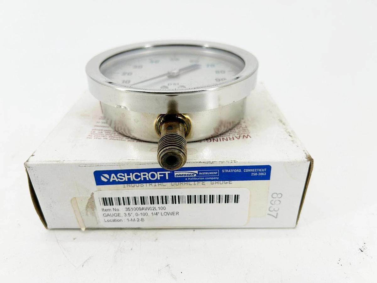 New Ashcroft 35-1009AW-02L-100 Pressure Gauge 3-1/2" Dial 0-100PSI 1/4"