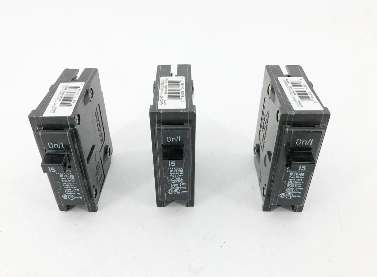 Lot of 3 New Eaton BR115 Circuit Breakers 15A 120/240VAC 1 Pole C115