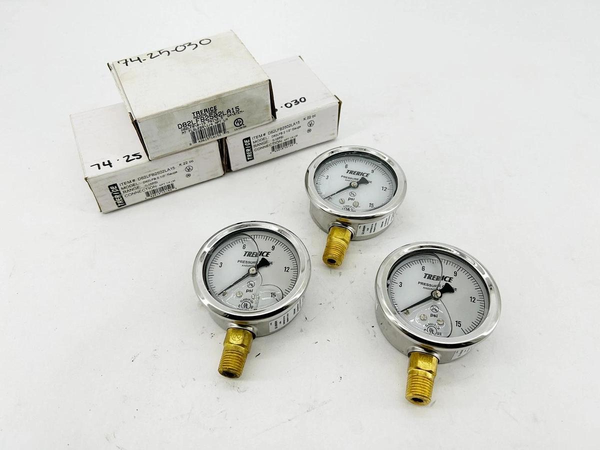Lot of 3 New Trerice D82LFB2502LA15 Pressure Gauge D82LFB 2-1/2" 0-15psi 1/4" LM