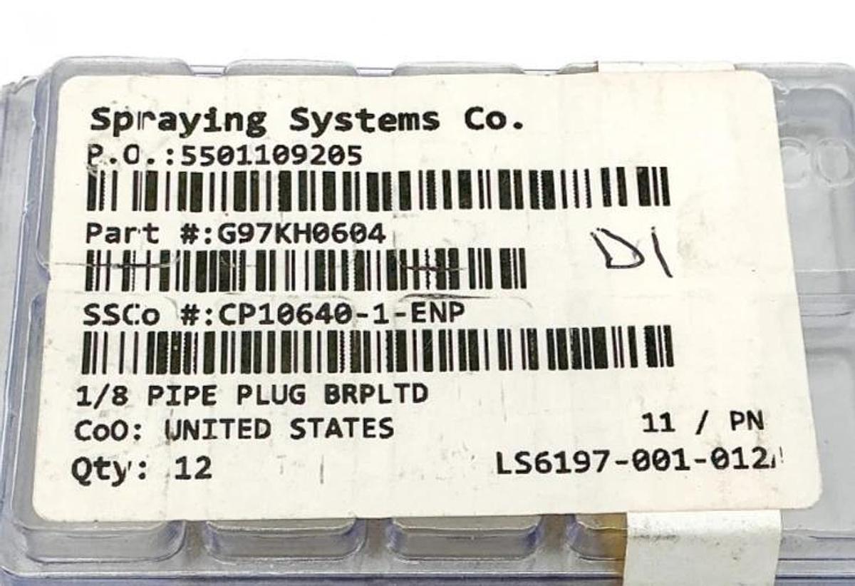 New Lot of 12 Spraying Systems CP10640-1-ENP 1/8" Pipe Plug BRPLTD G97kh0604