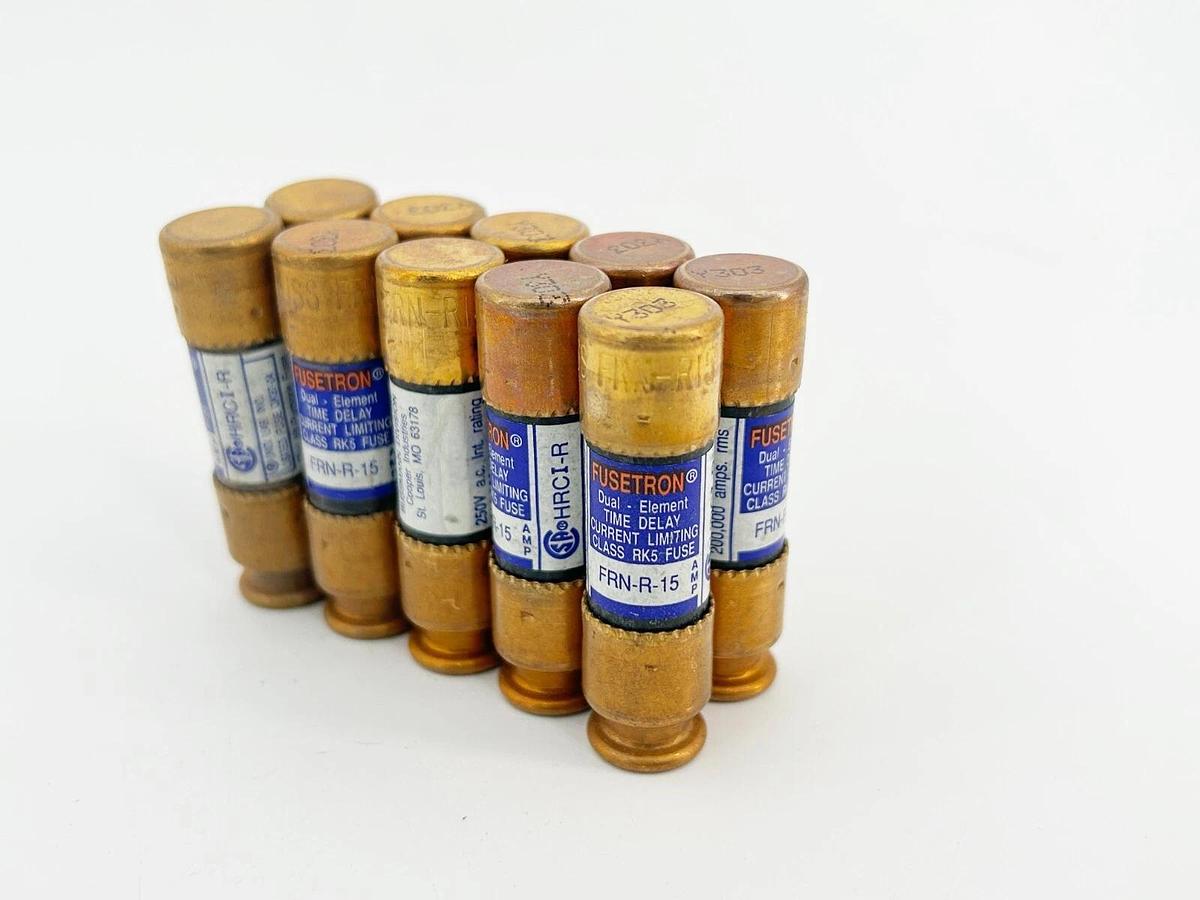 New Box of 10 Bussmann FRN-R-15 Dual Element Time Delay Fuse 15A 125VDC Class RK