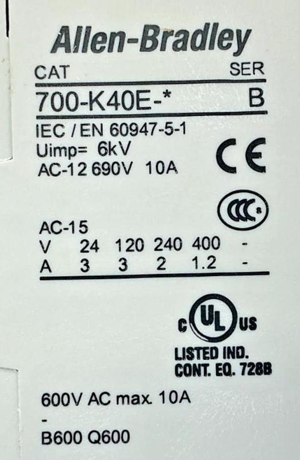 New Allen Bradley 700-K40E-DJ Ser B Control Relay 4NO 10A 24V 700-K40E-*
