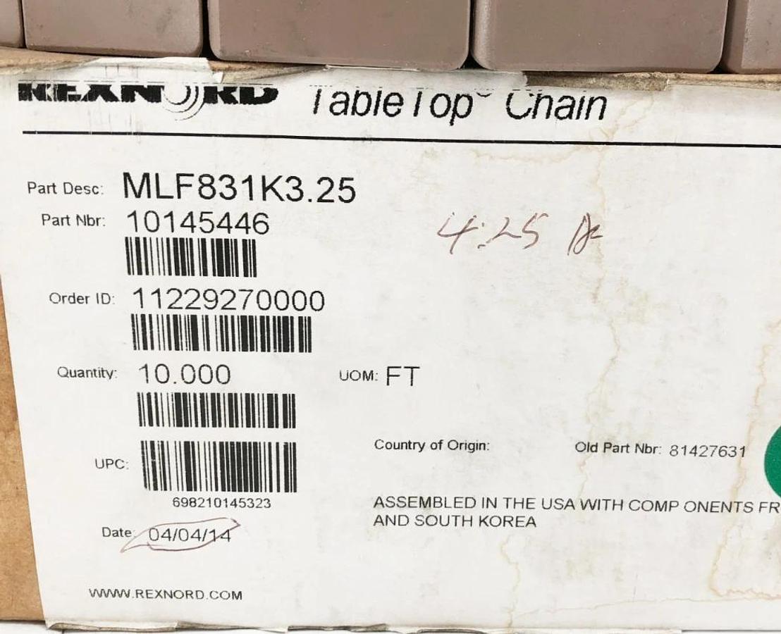 New Rexnord MLF831K3.25 TableTop Chain 10 FT. 10145446  81427631