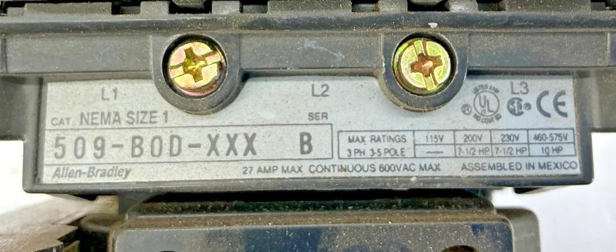 Used Allen Bradley 509-BOD-A2GA Starter 5.7-18A w/ 595-A Aux Contact 115-120V 60HZ