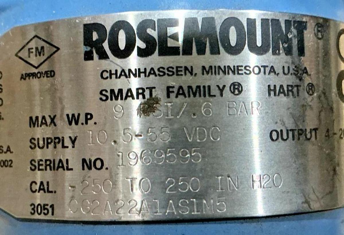 Used Rosemount 3051CG2A22A1AS1M5 Pressure Transmitter 9PSI 10.5-55VDC