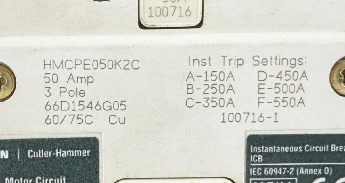 New Eaton Cutler Hammer HMCPE050K2C Motor Breaker AUX1A1BPK 3P 50A 600V - No Box