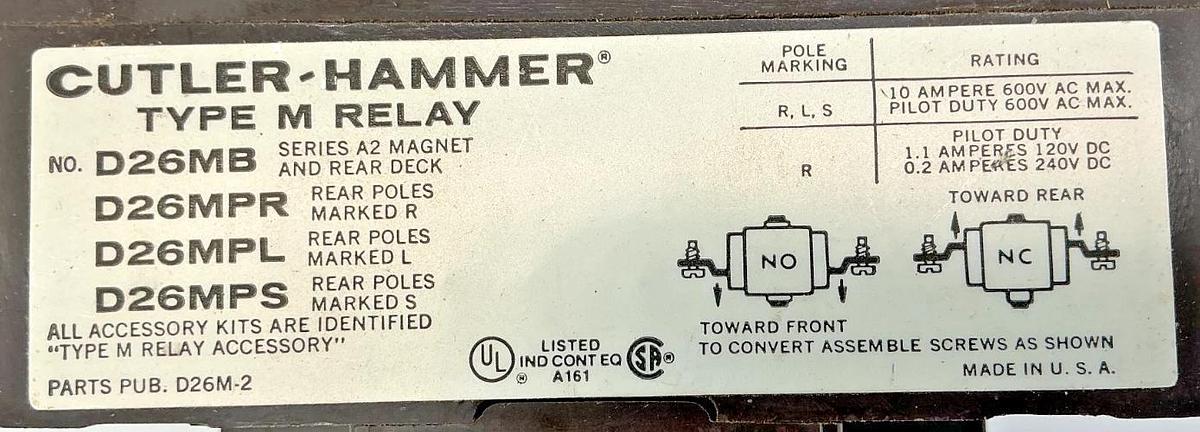 Used Cutler-Hammer D26MR40A Type M Relay 4-Pole 4NO 600V Coil 110/120V 50/60HZ D26MB