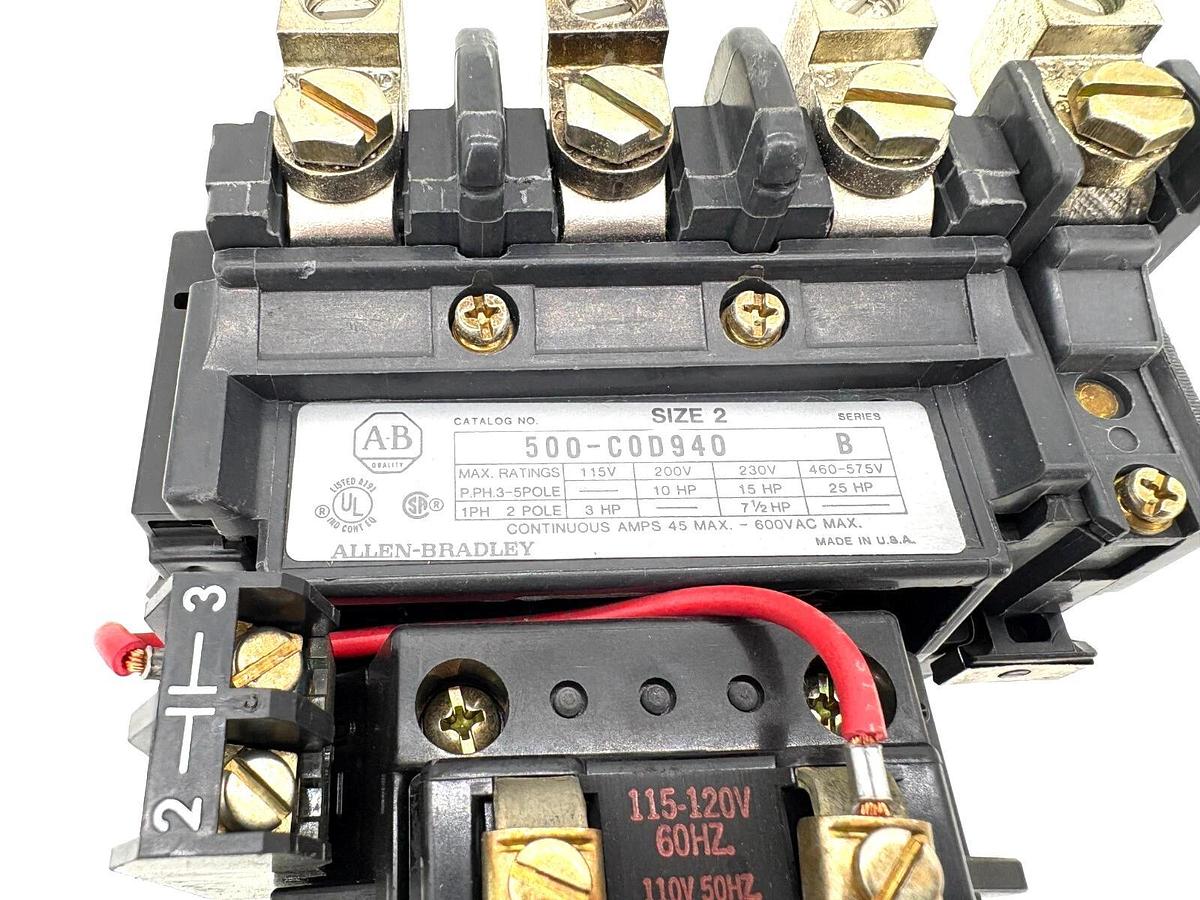 New Allen Bradley 500-COD940 Ser. B 3Ph Contactor 120V Coil NEMA Size 2 45A Max