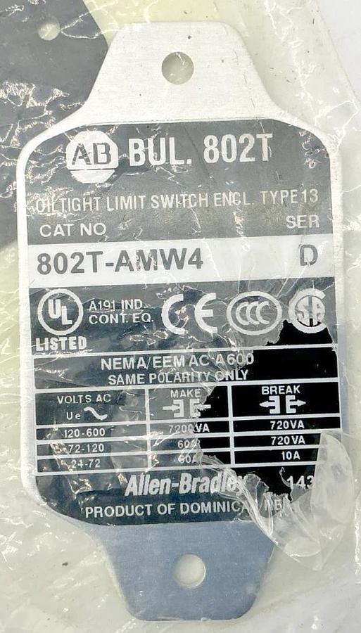 New Allen Bradley 802T-AMW4 Ser D Oiltight Limit Switch 10A 600VAC - No Box