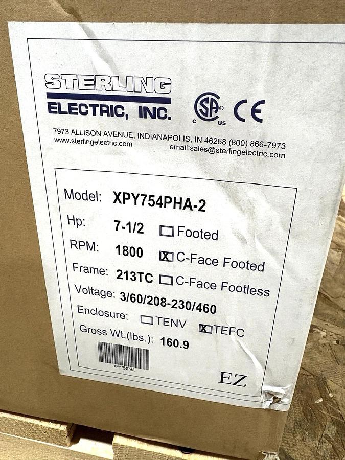 New Sterling Electric XPY754PHA 7.5HP SS TEFC Motor 230/460V 1800RPM 213TC Frame