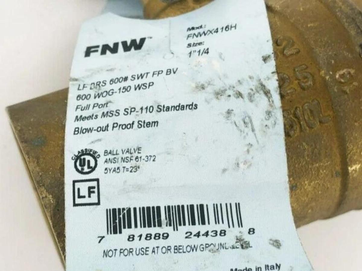 New FNW FNWX416H 1-1/4" Brass Two-Piece Full Port Ball Valve 600WOG 150 WSP