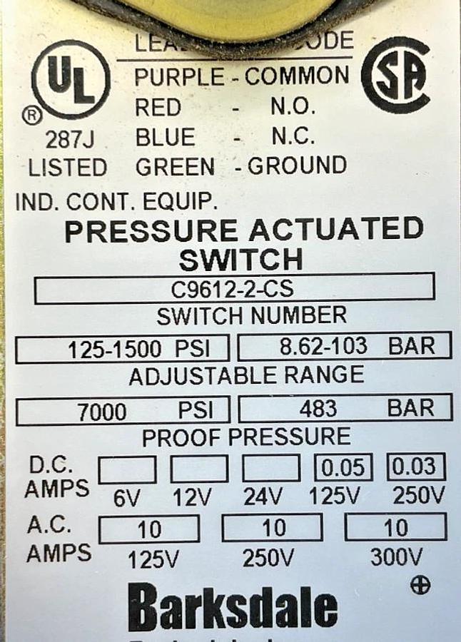 New Barksdale C9612-2-CS Piston Pressure Switch Range 125-1500PSI 8.62-103BAR