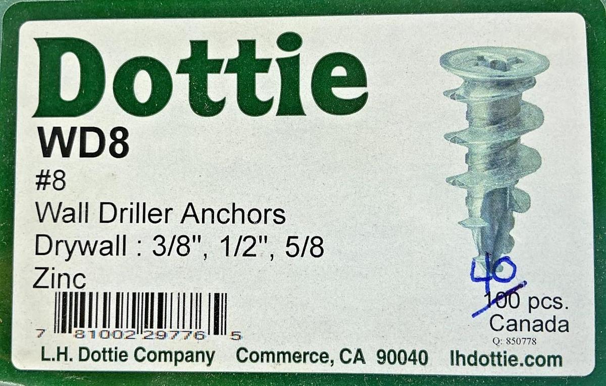 Box of 40 New Dottie WD8 Wall Driller Anchors #8 Zinc Drywall 3/8", 1/2", 5/8"
