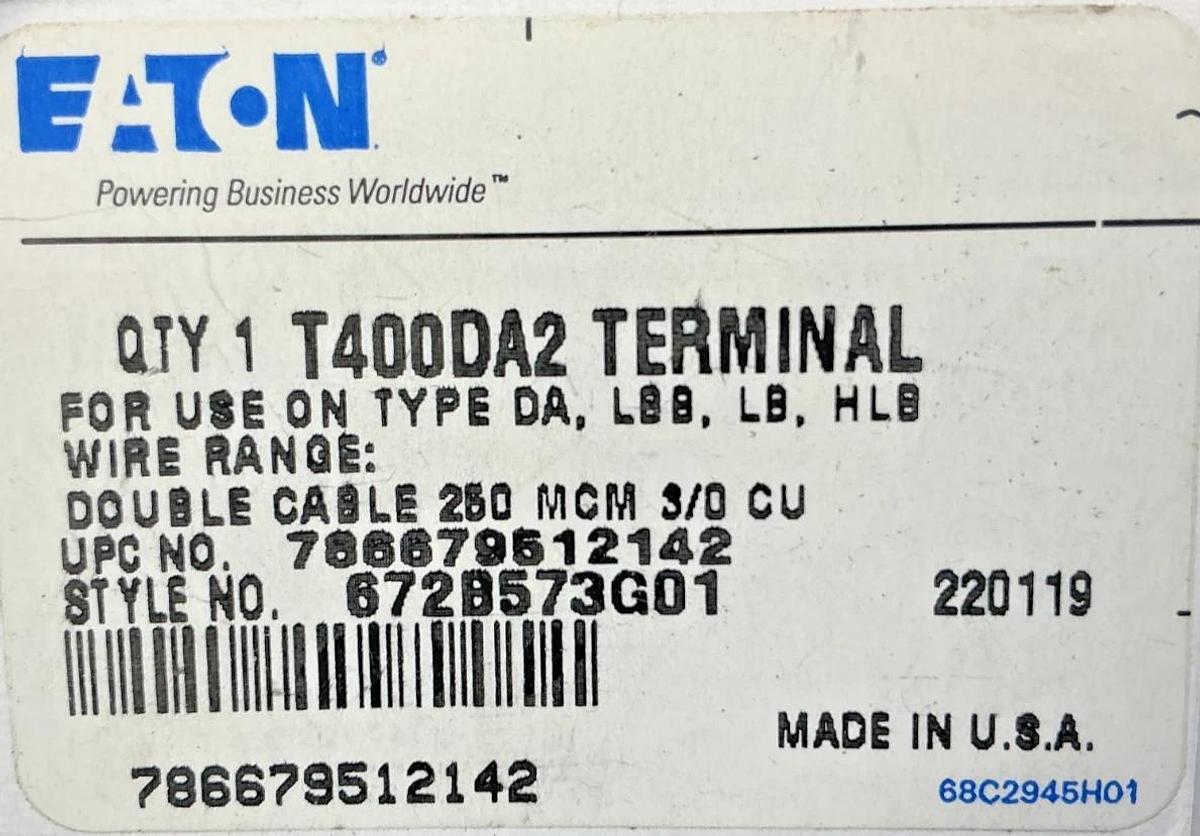 New Eaton T400DA2 Terminal Lug Wire Range: Double Cable 250MCM 3/0 CU 400A
