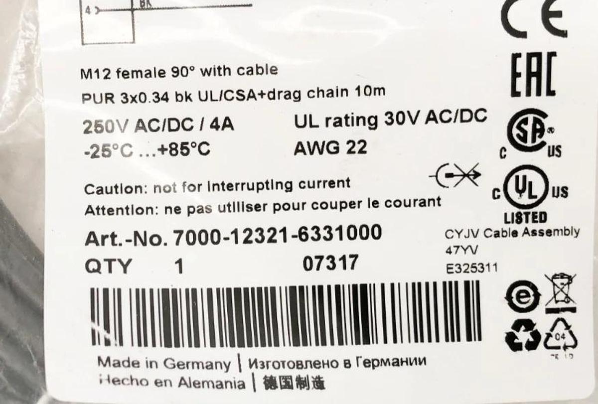 New Murr Elektronik 7000-12321-6331000 Cordset Right Angle M12 Black 22 AWG 4A