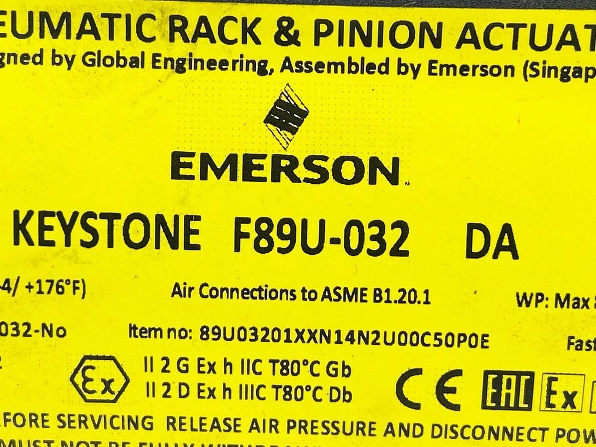 Emerson F89U-032-DA Pneumatic Rack & Pinion Actuator 120PSI 1/4" NPS - No Box