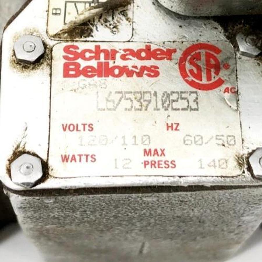 Used Schrader Bellows L6753910253 Solenoid Valve w/ Pilot Model K1759035 120V 140psig
